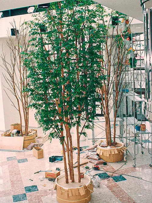 人工樹木ベンジャミン株立、現場にて足場を組み上の方から葉材をつけている様子