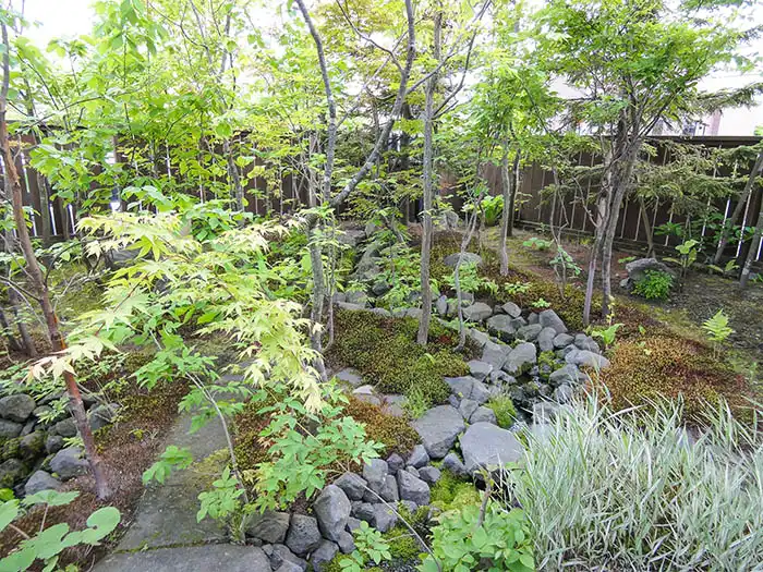 川の源流のような雰囲気のある自然を模した庭