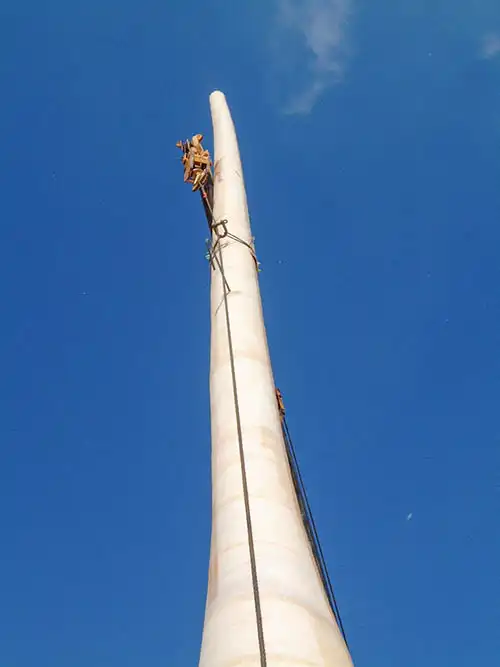 人工樹木ヤシの木、幹の曲がりを確認する為、実際にクレーンで立てている様子