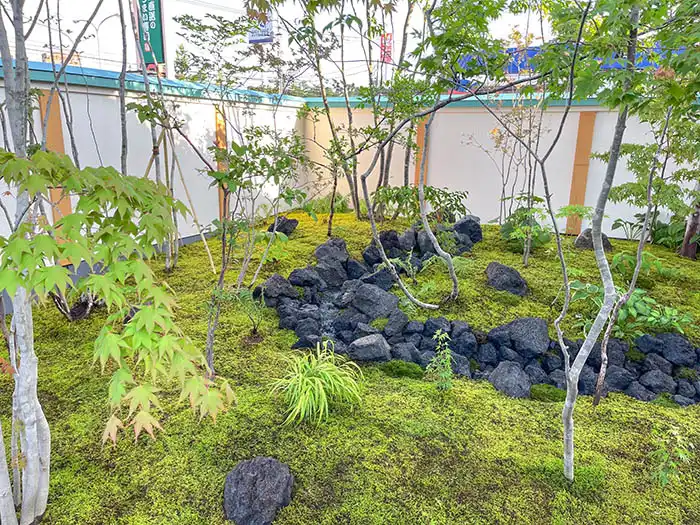 苔むす中に小川の流れる自然風雑木の庭