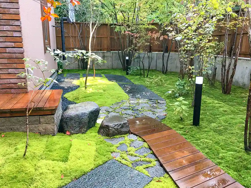モダン和風の施工例 苔と園路